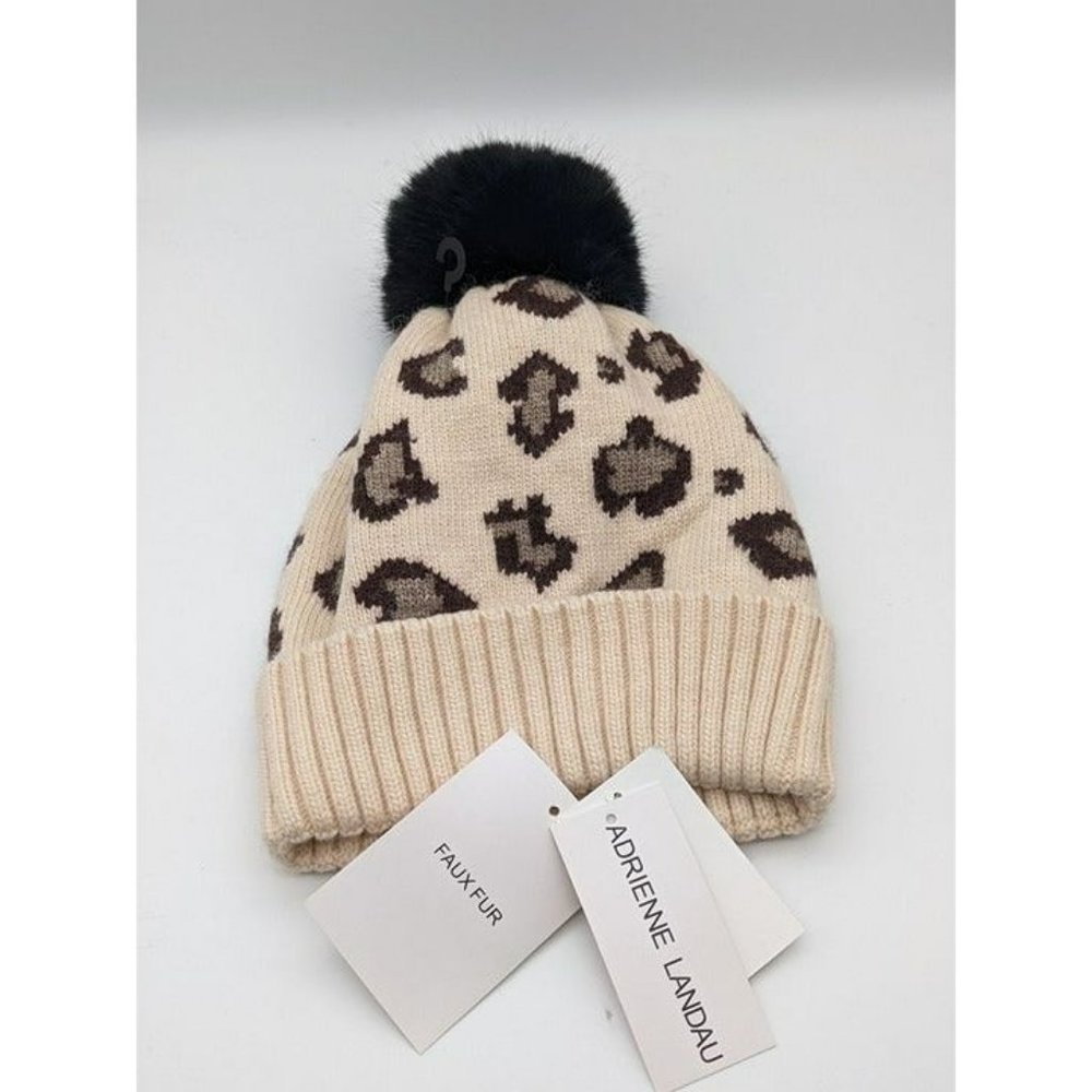 NWT Designer Leopard Pom Pom kitty cat print Revolve Adrienne Landau Beanie